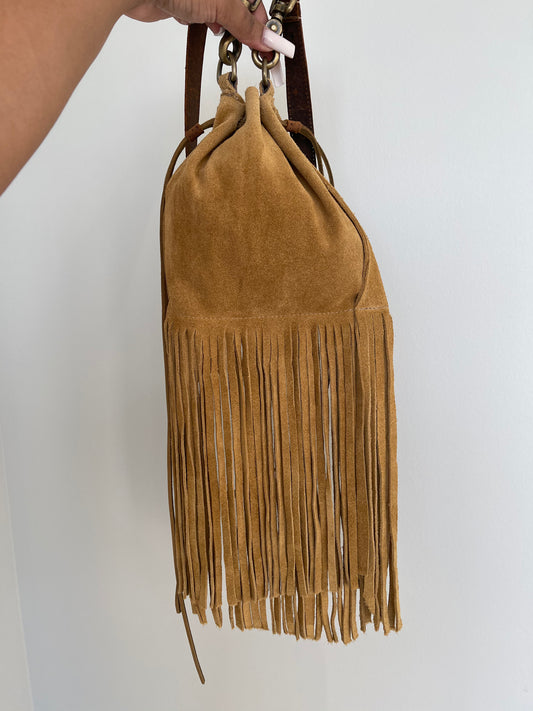 Suede tan long fringe crossbody - sample